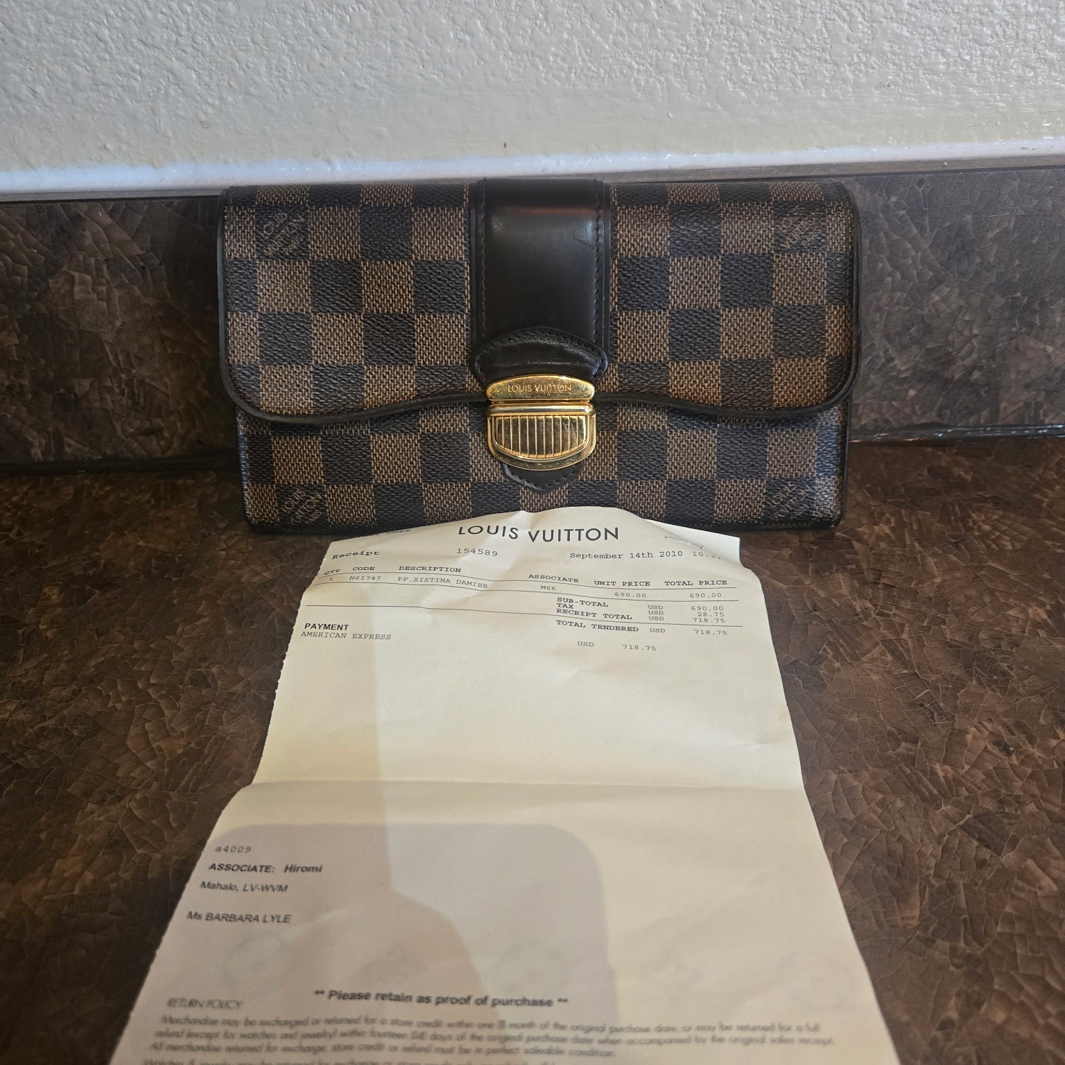 Louis Vuitton Brown Damier Ebene Checkered Clutch With Gold Hardware